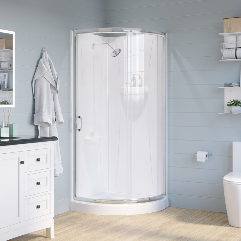 Breeze 35 in. L x 35 in. W x 76.18 in. H Round Corner Shower Kit in Satin Nickel, Clear Sliding Door, Walls and Pan