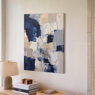 Canvas Wall Art Contemporary Abstract Canvaslayered Brushstrokes In Beige Navy And Gray Wall Ready To Hang Gallery Wrapped Home Decor