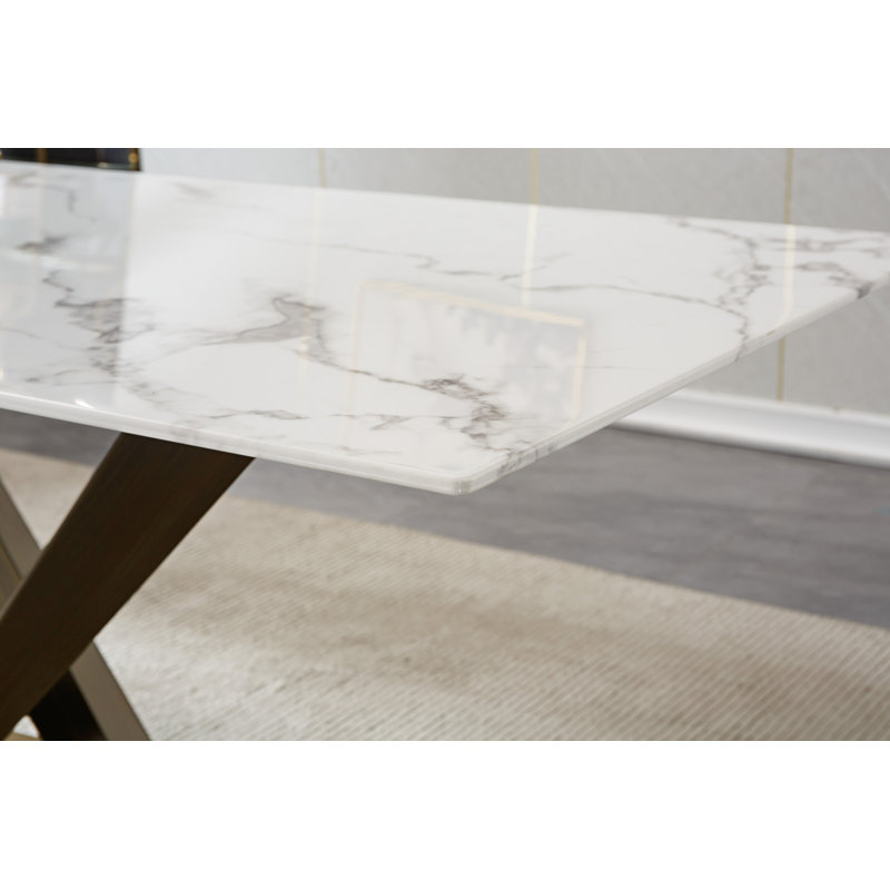70inch Marble Dining Table, Luxurious 70" Kitchen Table with Printed Marble Tabletop and X-Shape Carbon Steel Pedestal, Modern Kitchen Dining Room Table for 8