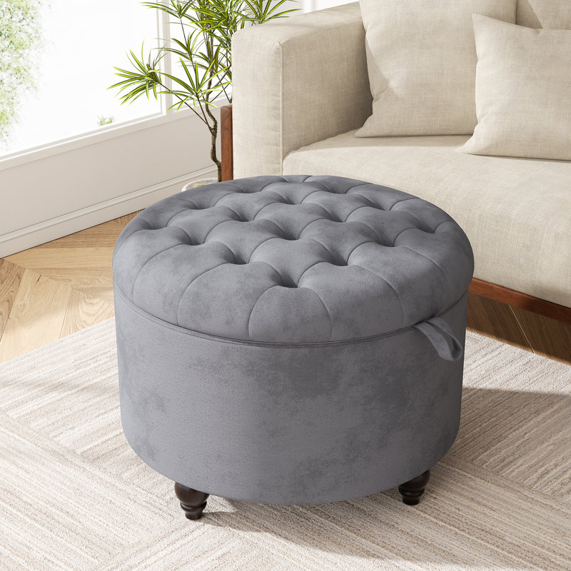 Button-Designed Upholstered Ottoman With Storage, Light Gray
