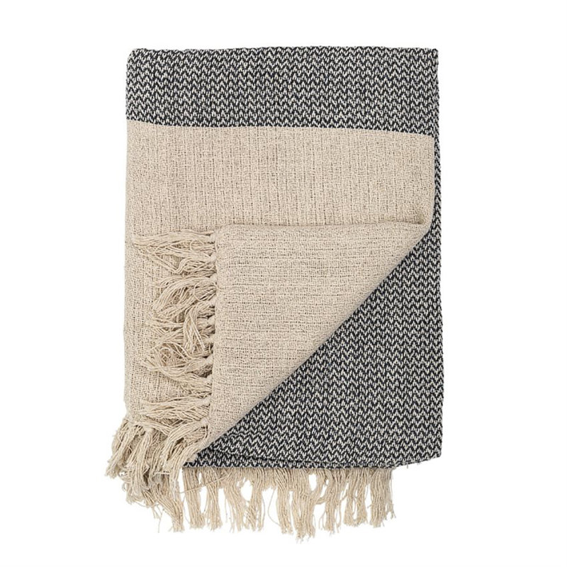 Jeté en tricot de coton doux avec frange, Gris / Crème