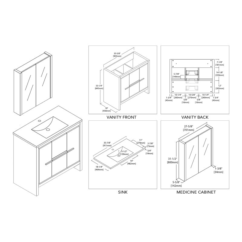 Ensemble de meuble-lavabo simple 36 "avec miroir Artemis, Blanc lustré