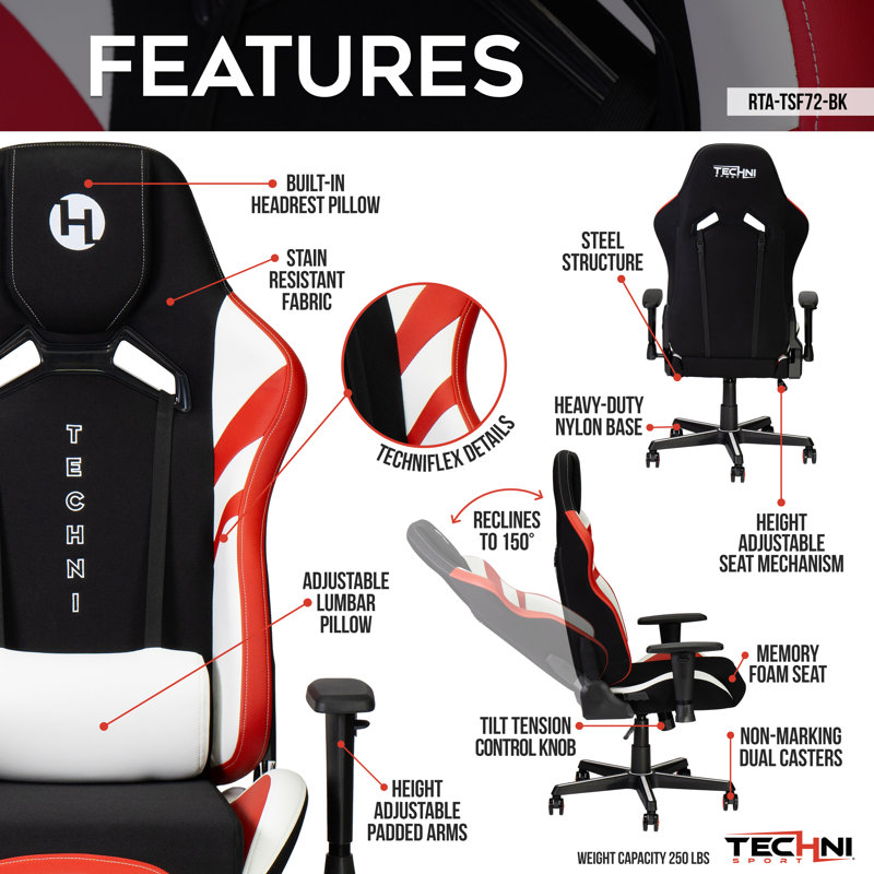 Inbox Zero Adjustable Reclining Ergonomic Swiveling Floor Game Chair, Black/Red/White