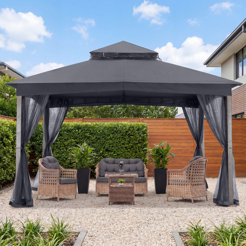 Abccanopy 11x13 Ft Steel Patio Gazebo With Curtains And Olefin® Soft Roof (5-year Fade Guarantee), Dark Gray