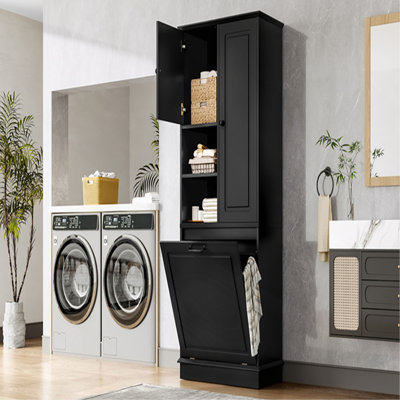 Grande armoire de rangement avec tablettes réglables, grand panier rabattable et armoires fermées - Parfait pour la salle de bain, le salon ou le bureau, matériau en bois aggloméré avec poignées en alliage d'aluminium