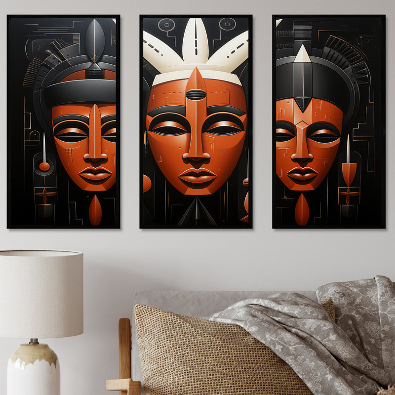 Masque africain noir et orange Kuba, H 28 po x l 36 po, Cadre flottant noir