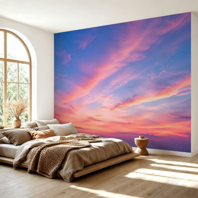 Papier peint adhésif peler et coller ciel rose et bleu effet de couleur pastel, nuages de coucher de soleil, papier auto-adhésif amovible, papier contact mural pour le salon Chambre à coucher H 69 po x l 96 po
