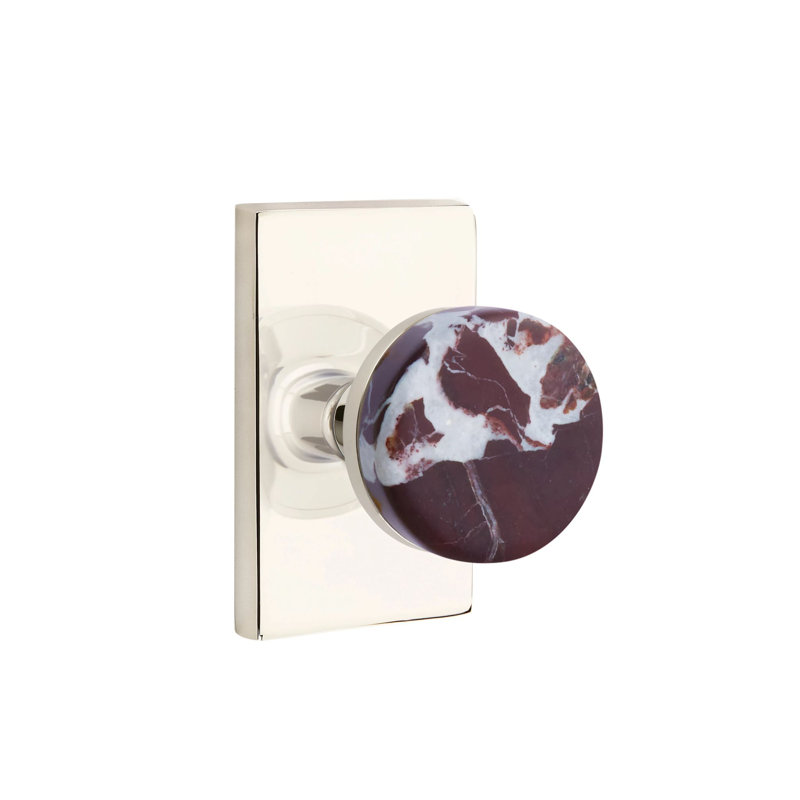 Ensemble de boutons d'intimité Emtek Select avec rosette rectangulaire et tige conique, bouton en marbre Rosso Levanto (CF)