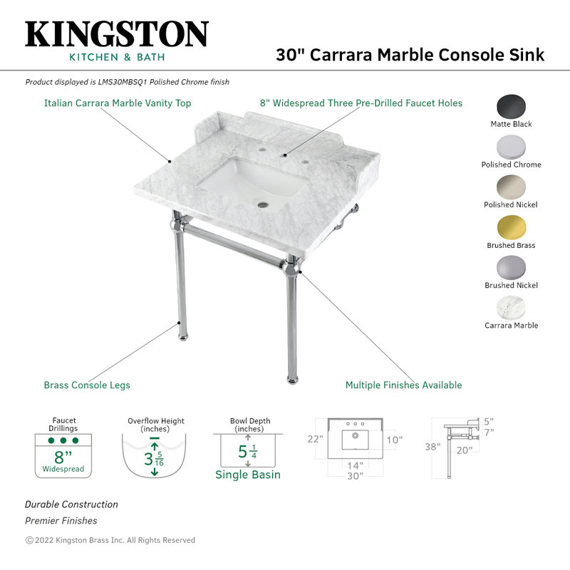 Kingston Brass Pemberton 30-Inch Carrara Marble Console Sink with Brass Legs (8-Inch, 3-Hole), Marble White/Matte Black