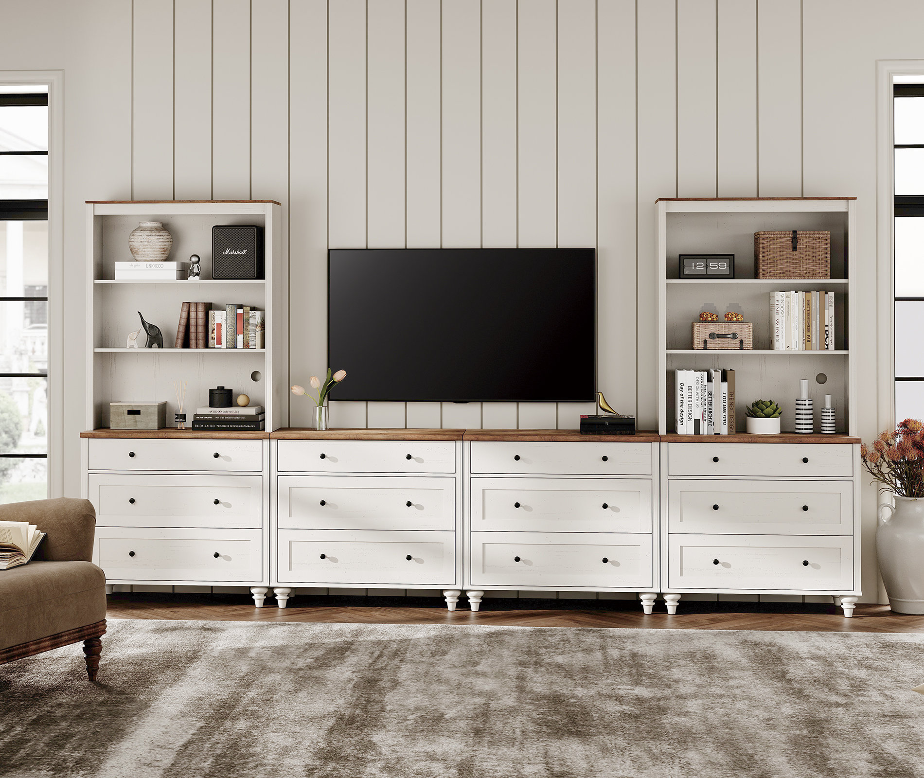 Birch Lane Farmhouse TV Stand With Bookshelves For 75 Inch, Modern