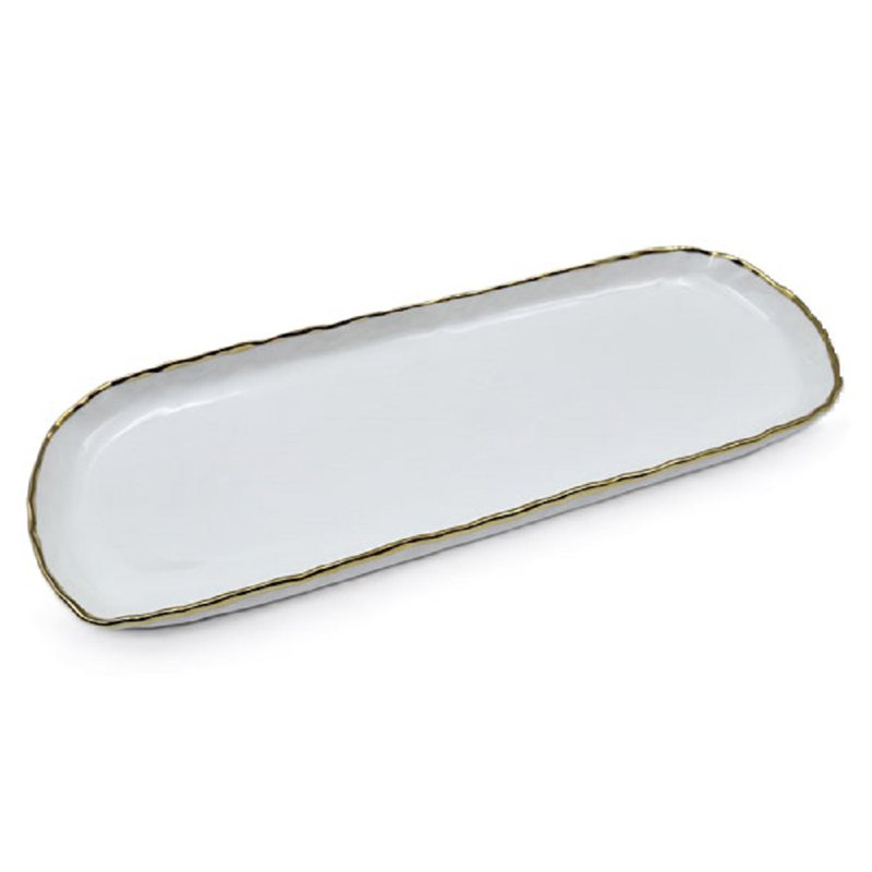 13.5" Simplicity Collection White Porcelain Gold Trim Rectangular Tray