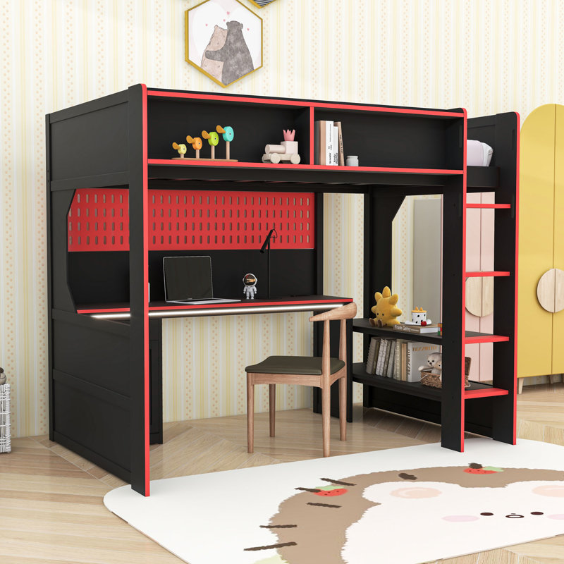 Modern Loft Bed with Built-in Desk, Pegboard Organizer, LED Lighting and Storage Shelves, Twin, Black/Red
