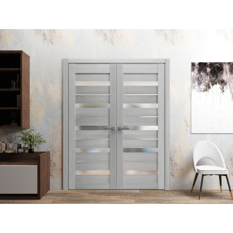 Portes françaises doubles solides | Quadro avec verre givré | Garnitures de cadre en bois massif | Portes de chambre à coucher pour garde-robe