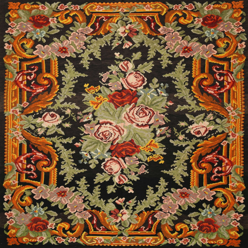 Tapis floral orange / vert, Rond 6 pi