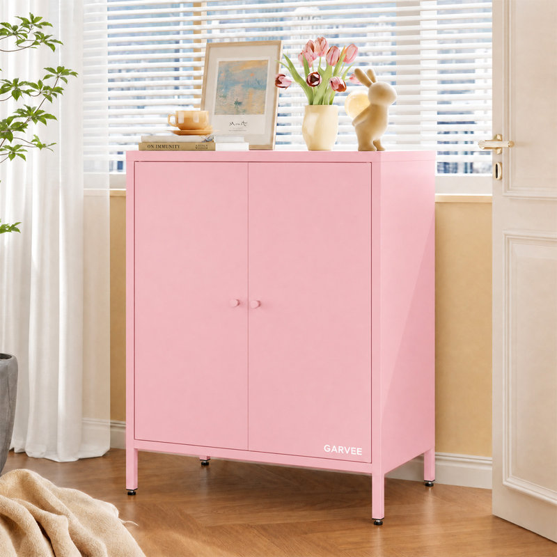 Armoire de buffet 30,3 "à portes magnétiques, tablette de rangement autoportante en acier au carbone, rose