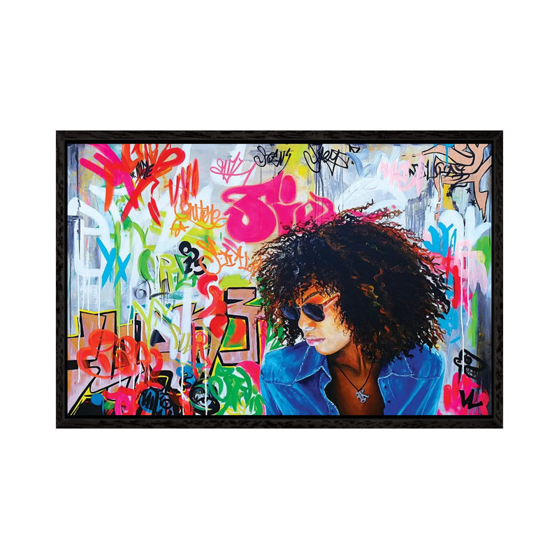 Graffitis On The Wall by Val Escoubet - Painting on Canvas, 45.72cm H x 66.04cm W x 3.81cm D, Black Framed