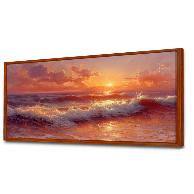 Beachside Sunset Paradise - Art mural plage, Cadre flottant brun, bois massif, H 28 po x l 60 po