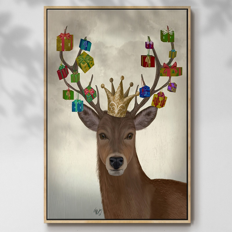 Cerf portant un cadeau de Noël, H 25 po x l 17 po x P 1,5 po, Naturel