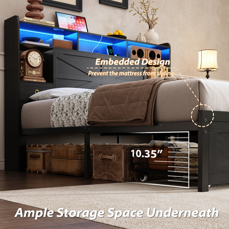 Queen Size Farmhouse Industrial  Storage Bed with 2 Footboard Drawers and Storage Headboard, USB&AC Charging Station, APP & Remote RGB Lights, Noise-Free, No Box Spring Needed, Platform Bed