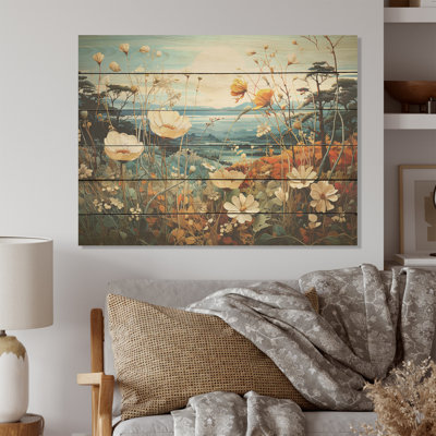 «Cool And Calming Flower Blooming Fields», art mural en bois sur bois de pin naturel