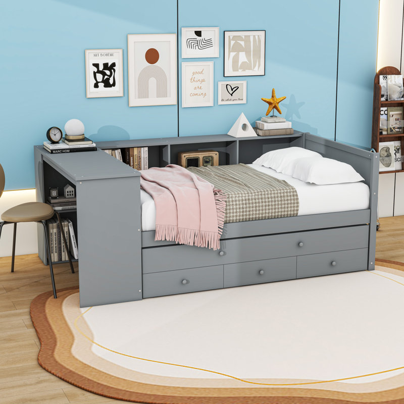 Three Drawers Wooden Daybed with Trundle and Side Shelves, Grey, Twin