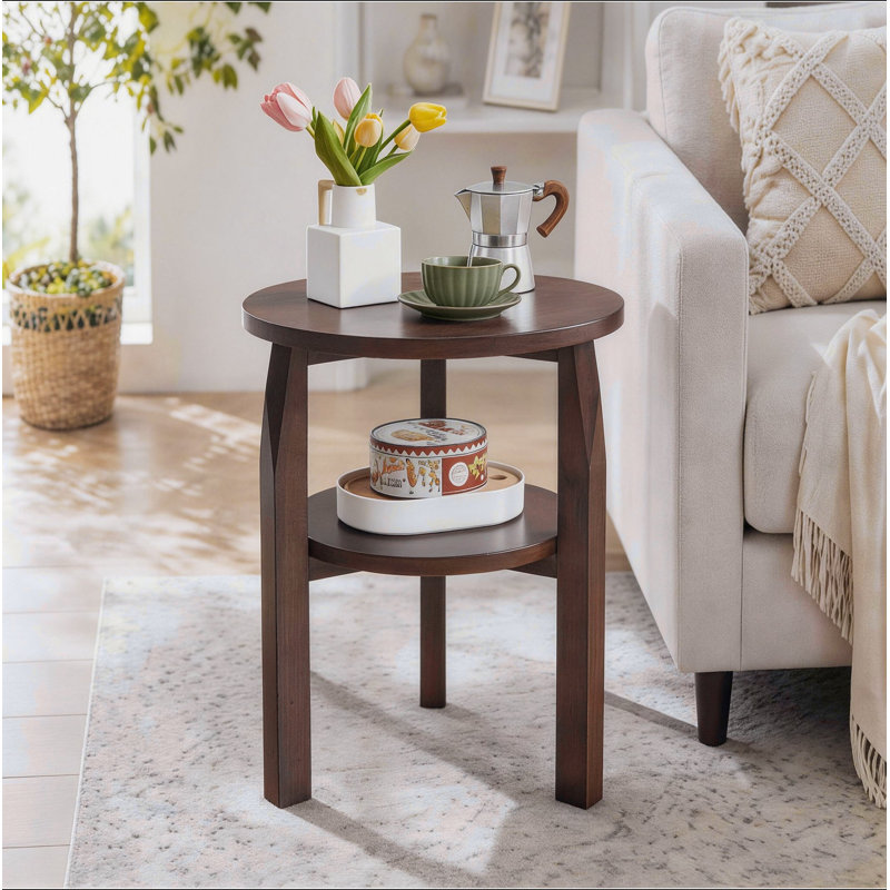 Table de bout ronde en bois d'hévéa massif, table d'appoint à 2 niveaux avec tablette de rangement, petite table d'appoint pour le salon, la chambre à coucher