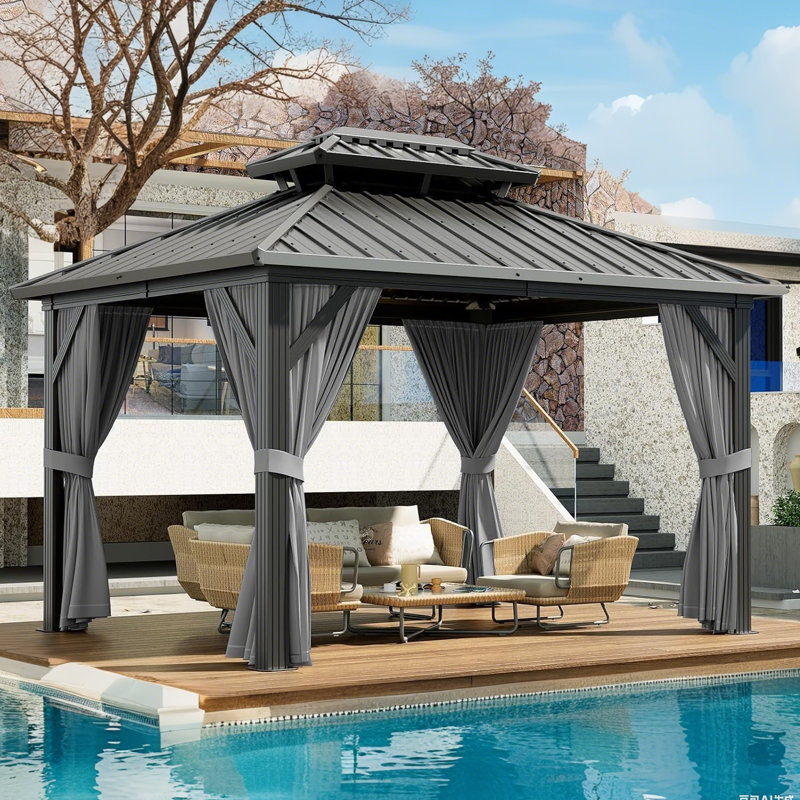 Outdoor Hardtop Gazebo, Galvanized Iron Double Vent Roof with Curtains & Netting, Aluminum Frame Pavilion for Patio, Lawn, Deck, Garden