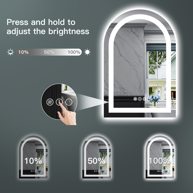 Arch Bathroom LED Mirror with Frontlit & Backlit, Anti Fog Lighted Vanity Mirror with Stepless Dimmable, ETL Listed, IP54 Waterproof, CRI90+, HD Tempered Glass