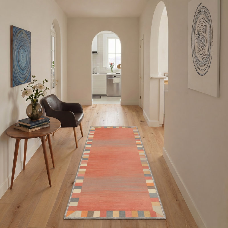 Aura Modern Geometric Machine Washable Orange Indoor Area Rug with Non-Slip Backing, Runner 2' x 6'