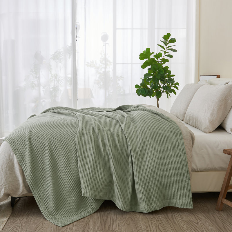 Sage Cotton Waffle Weave Knit Throw Blanket