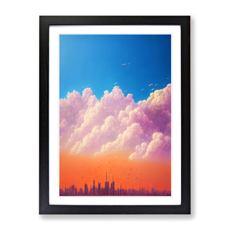 City Skyline Under Clouds - Wall Art, 48cm H x 36cm W, Black Framed, White