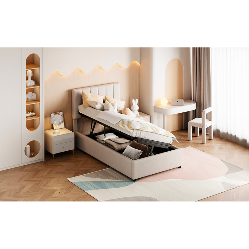 Lit de rangement hydraulique simple avec touche moderne rembourrée et structure beige