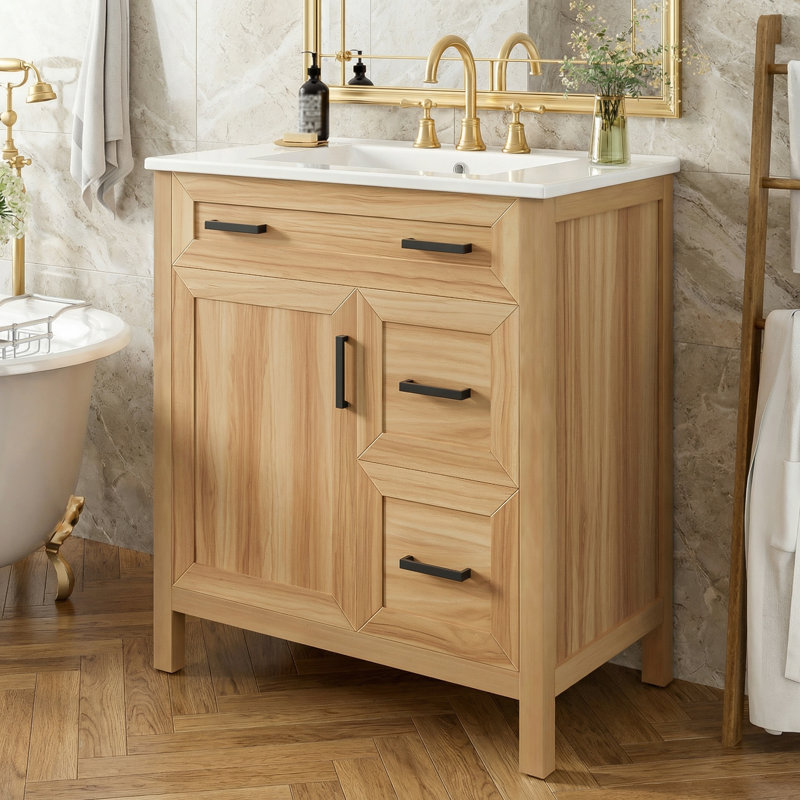 30" Wood Bathroom Vanity with Solid Wood Frame, 1 Soft Close Doors, 2 Soft Close Drawers, Adjustable Shelf, Modern Storage Cabinet