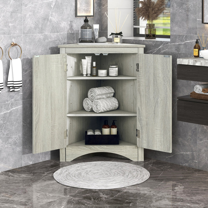 Oak Triangle Bathroom Storage Cabinet With Adjustable Shelves, Freestanding Floor Cabinet For Home Kitchen, Taupe