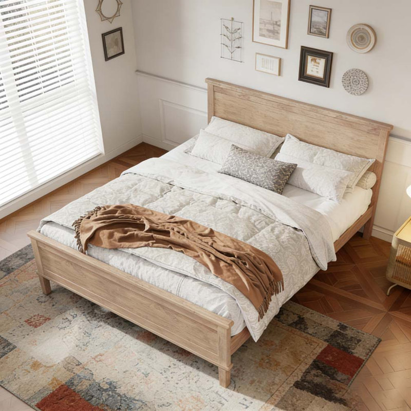 Lit plateforme en bois avec tête de lit et support à lattes de bois, aucun sommier requis, Très grand lit, Dérive en mer