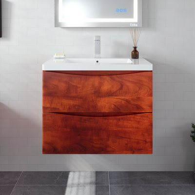 Smile 30 po Meuble-lavabo mural simple en noyer avec plateau en acrylique et lavabo intégré