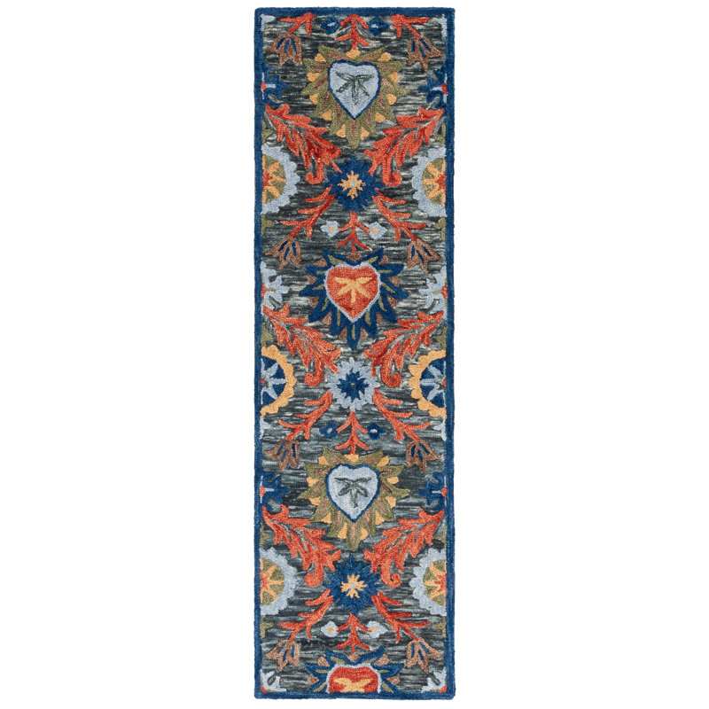 Shanise Wool Cotton Performance Floral Rug in Orange/Charcoal, Runner 2'3" x 8'