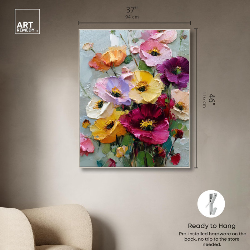 Art floral sur toile, "Floral Texture I", H 21 po x l 17 po, Cadre flottant, Argent argent