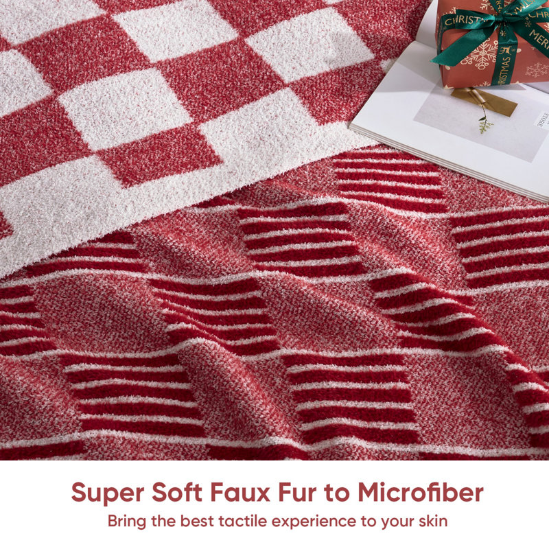 Reversible Checkered Striped Throw Blanket, Fluffy Faux Fur Blend Blankets For Couch Or Bed, 60" L x 50" W, Red