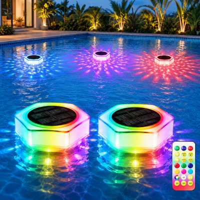 Solar Floating Pool Lights, 2 Pack RGB LED Pool Lights with Remote, IP68 Waterproof Solar Powered Pool Lights for Inground/Above Ground Pool, Pond, Party Decor, Static & Dynamic Timing Mode 