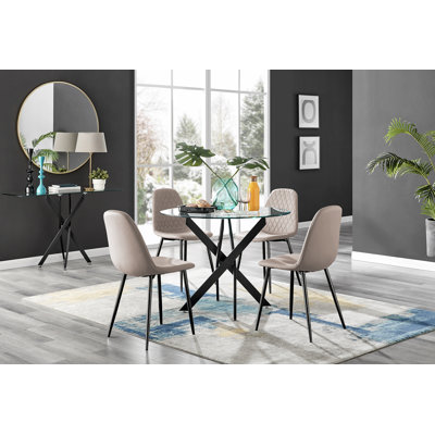Tierra Modern Chrome Metal & Glass Round Dining Table Set with 4 Luxury Faux Leather Chairs