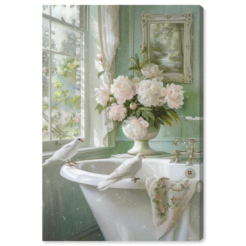 Spring Dove Bathroom Canvas Art in Green and White