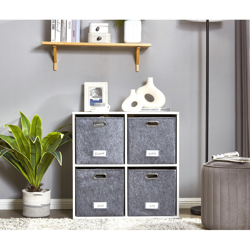 13x15 Collapsible Felt Cube Storage Bin with Label Holder and Metal Handles, Dark Gray