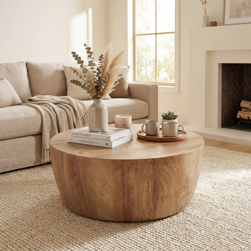 Round Drum Coffee Table with Faux Wood Finish (MDF) - 11.61" H, 29.5" W, 29.5" D, Natural, 11.61" H, 29.5" W, 29.5" D
