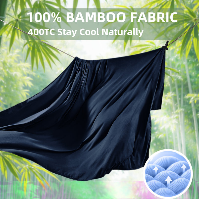 4 Piece Queen Size Sheet Set, 100% Rayon Derived from Bamboo Sheet Set, Cooling & Breathable, Luxury Silky Soft, Deep Pocket up to 16", Dark Blue