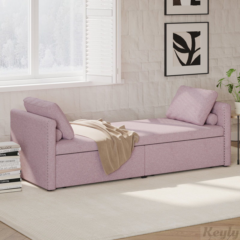 Pink Linen Upholstered Chaise Lounge with Wood Frame