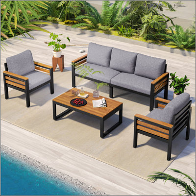 Ensemble de canapé d'extérieur 4 pièces pour 5 personnes avec accoudoirs en bois d'acacia et coussins amovibles GO, gris