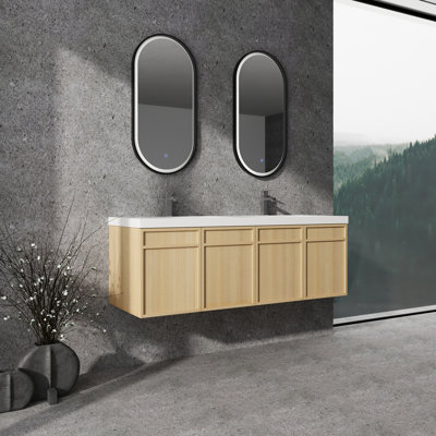 Meuble-lavabo mural 60 po avec double lavabo en résine, 4 portes à fermeture douce, contreplaqué (KD-PACKING)