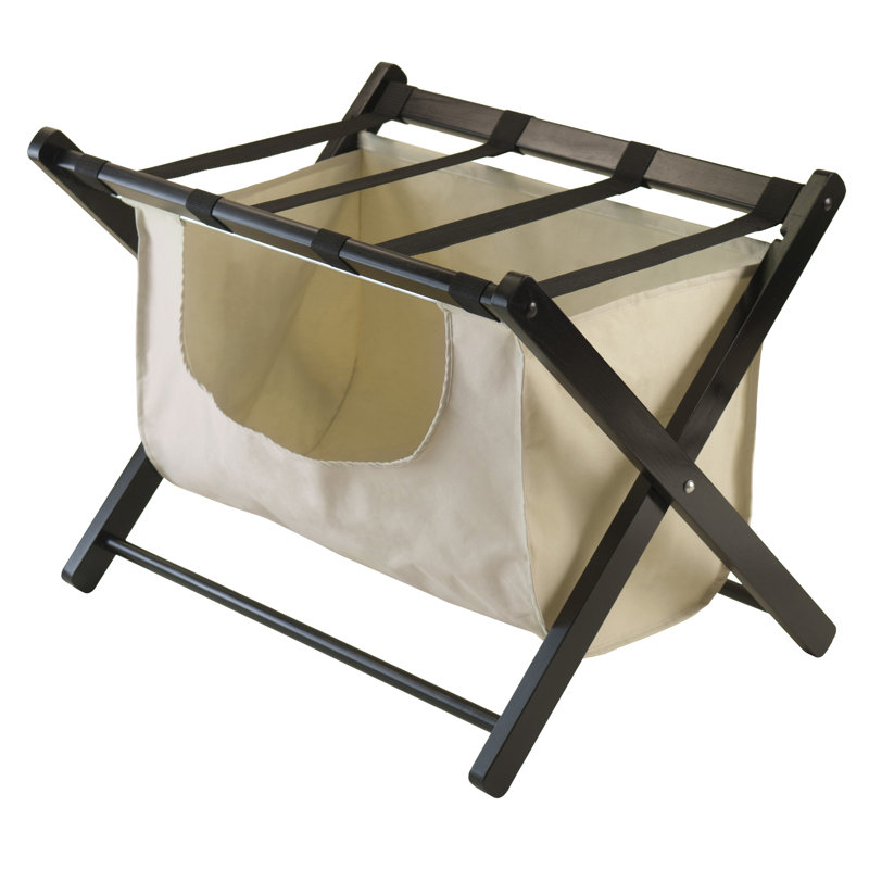 Espresso Wood Luggage Rack with Beige Fabric Basket