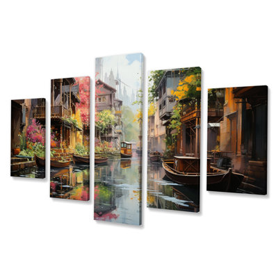 Thailande, marché flottant, délices II, art urbain sur toile, 5 panneaux